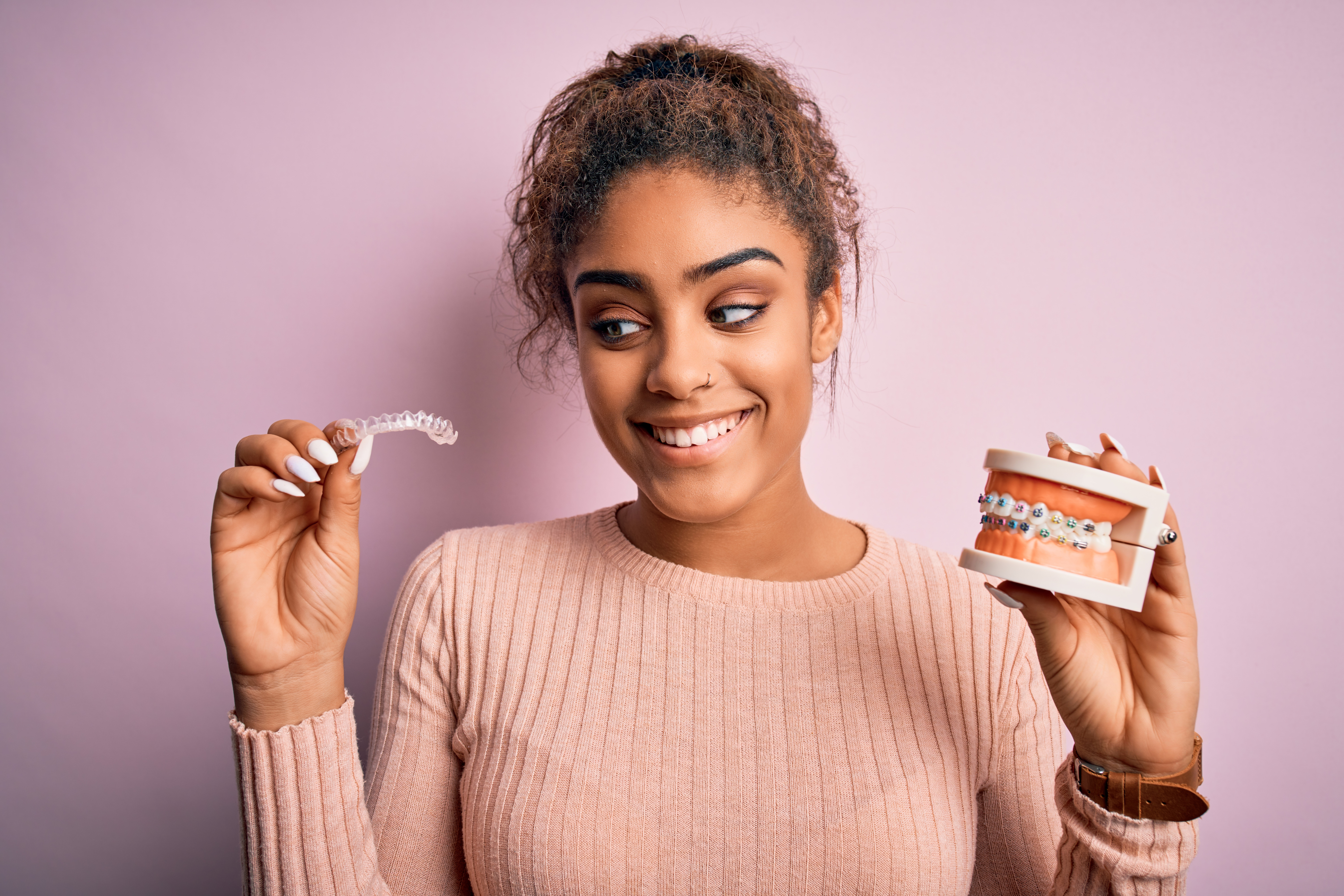 Young,African,American,Woman,Smiling,Happy,Holding,Professional,Orthodontic,Denture